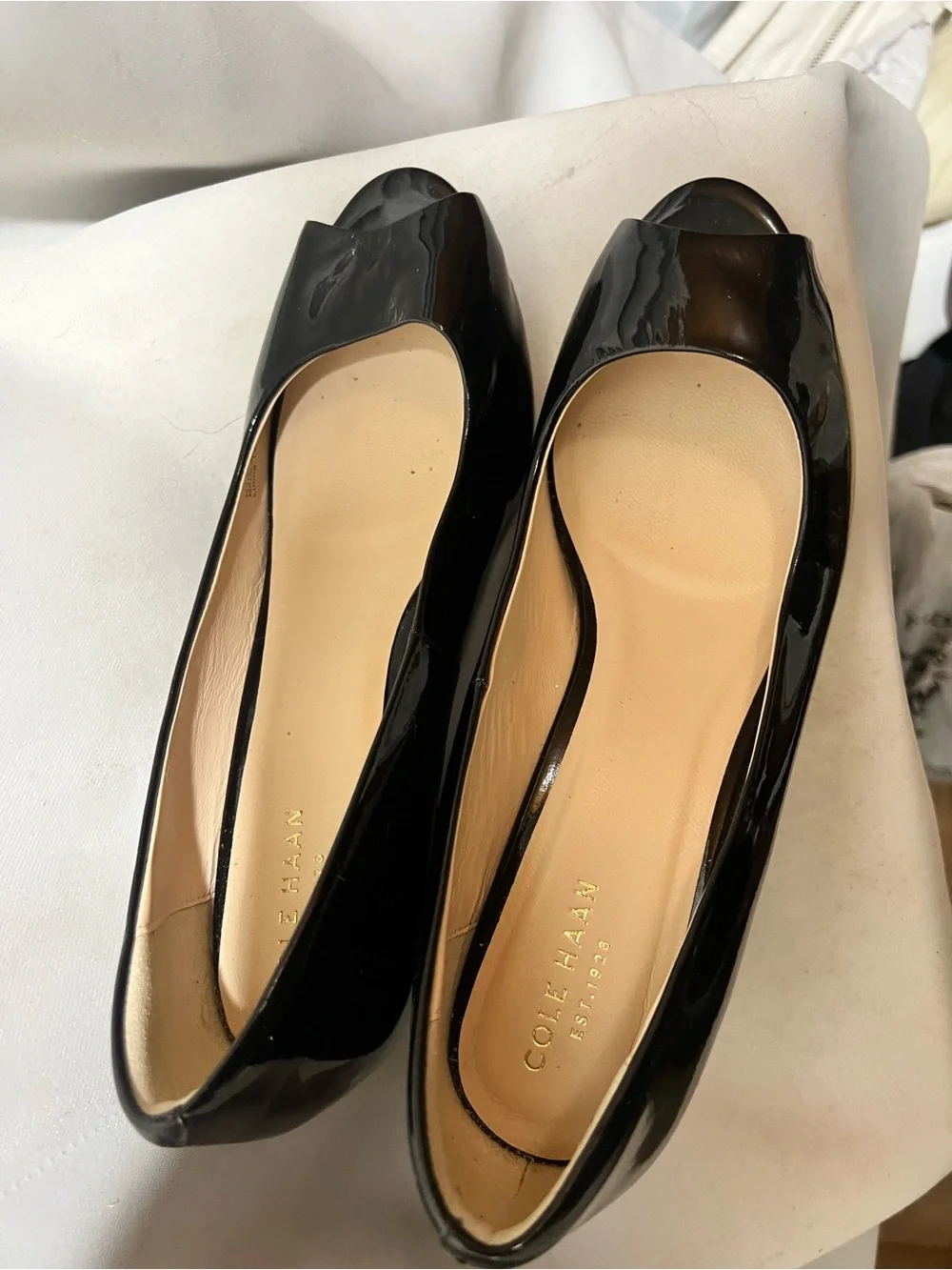 Cole Haan Black Patent Leather Peep Toe Wedge Pumps Size 7.5B